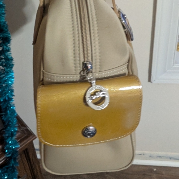 Longchamp Vintage Tan Canvas & Mustard Patent Leather Bowler Bag - Picture 3 of 10